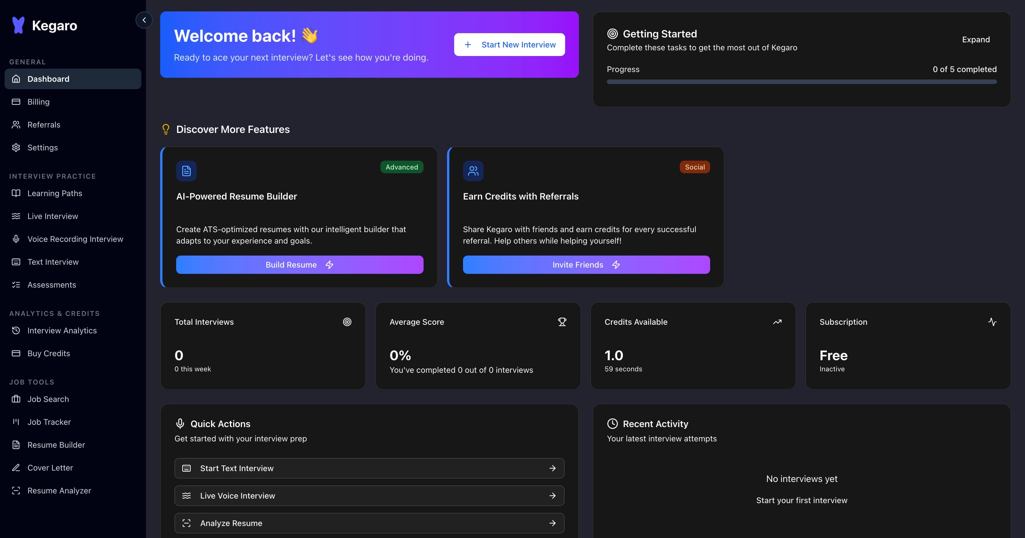 Kegaro Dashboard Preview - Live AI Interview Coaching Interface