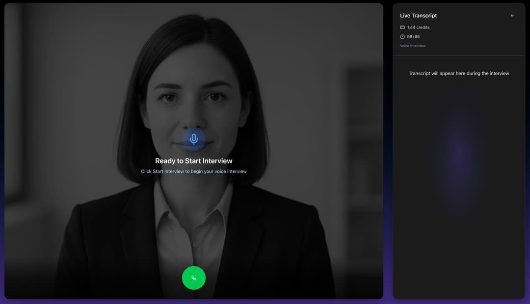 Professional voice interview interface showing live transcript and interview controls